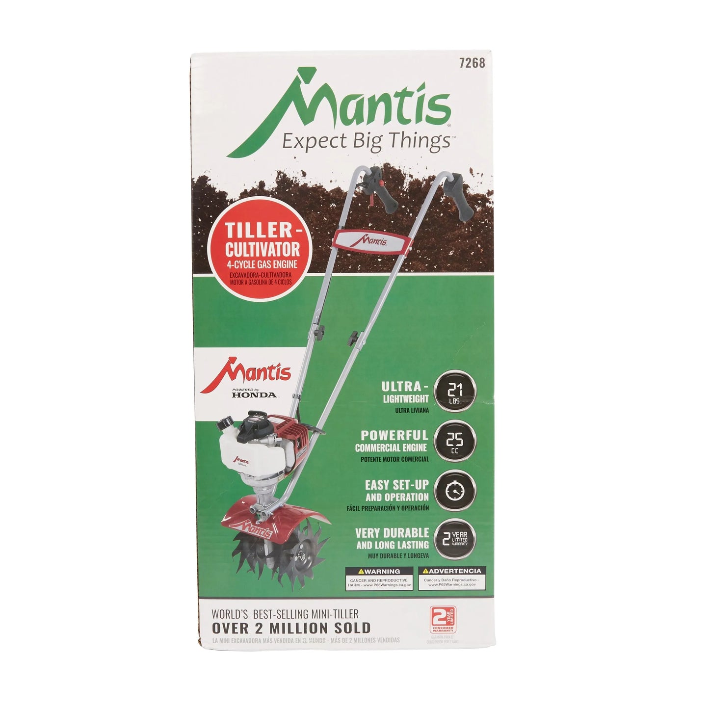 Motoazada compacta MANTIS 7268 – Motor de 25 cm³ – Cuchillas delanteras de 9 pulgadas – Rotación hacia adelante (CARB)