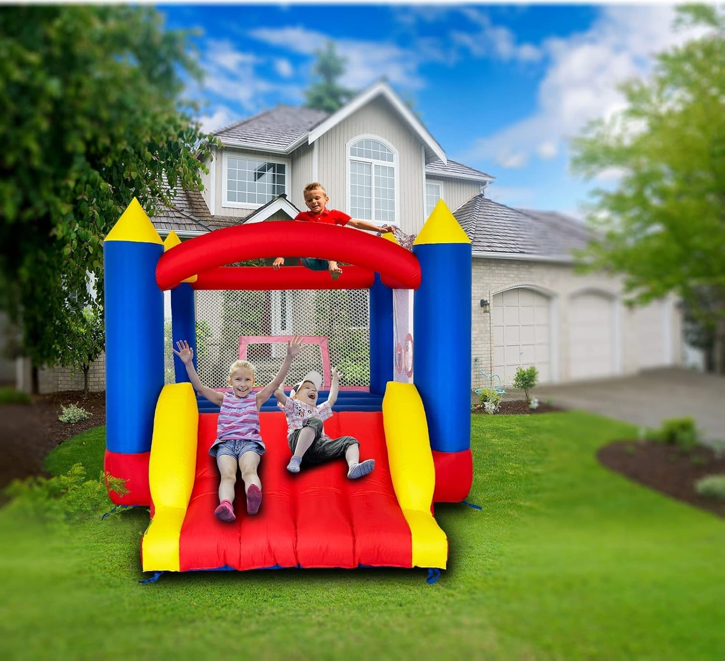 Ballsea Castillo Hinchable con Ventilador, Adecuado para niños de 3 a 10 años, para Interiores, cumpleaños Infantiles (488 x 223 x 220 cm)