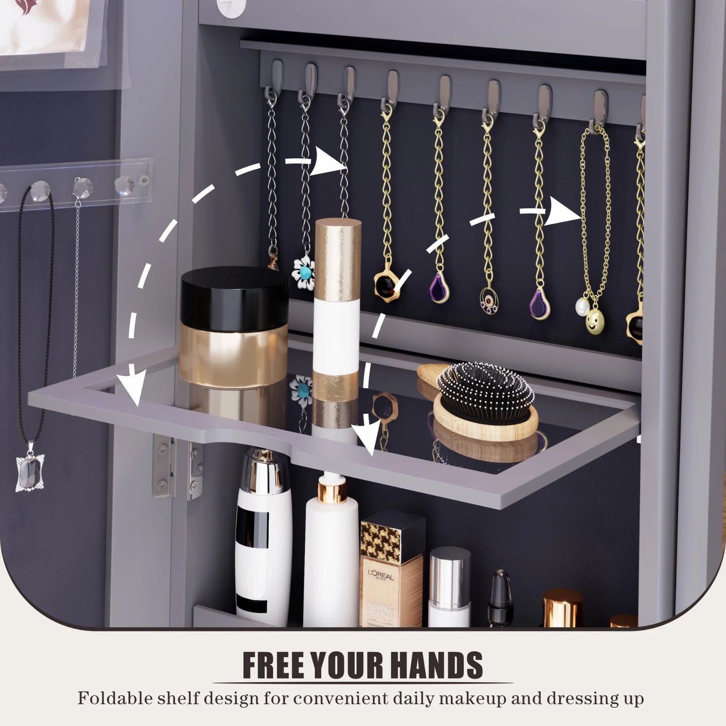 Joyero FREDEES con espejo e iluminación: organizador de madera con espejo de cuerpo entero para mujer, color gris elegante.