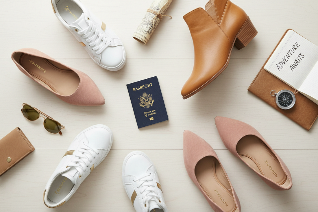 Women’s travel shoes including white sneakers, ankle boots, and pink flats arranged with travel accessories and passport on a light background.