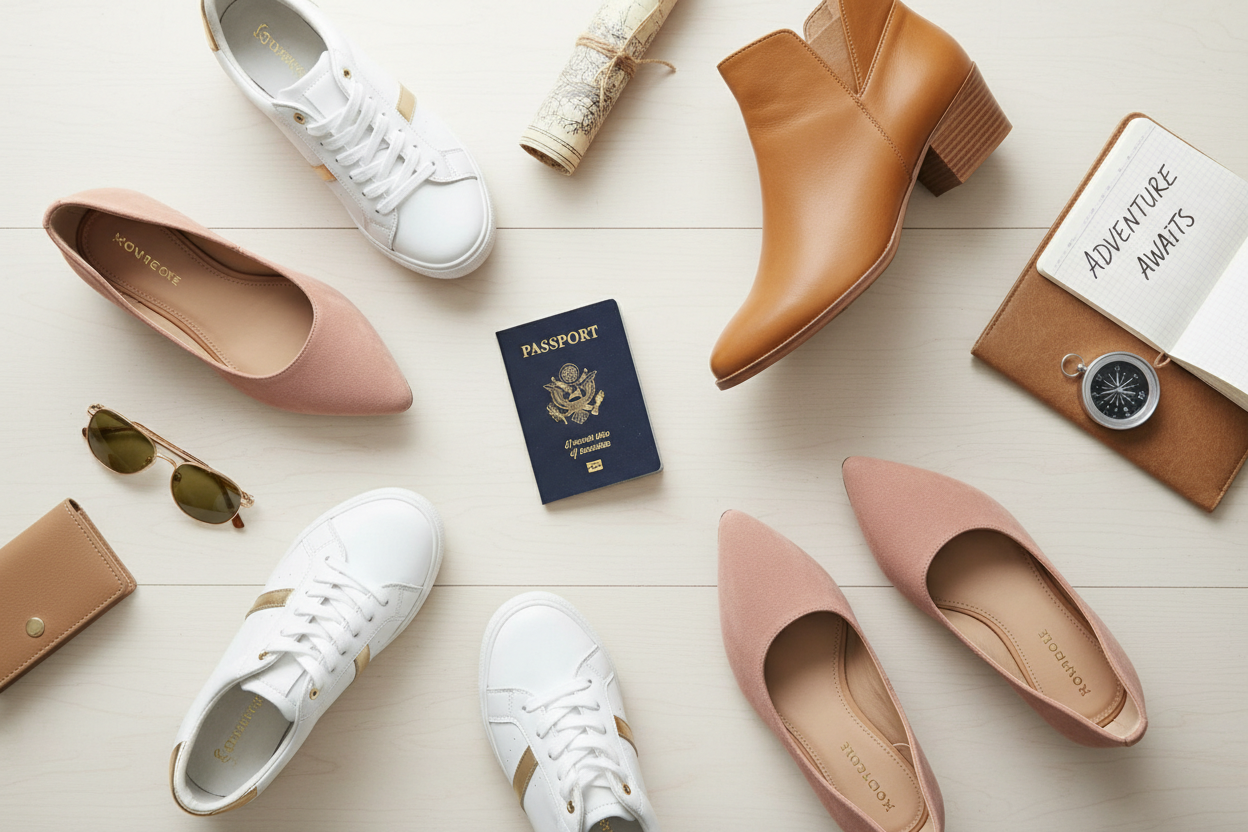 Women’s travel shoes including white sneakers, ankle boots, and pink flats arranged with travel accessories and passport on a light background.