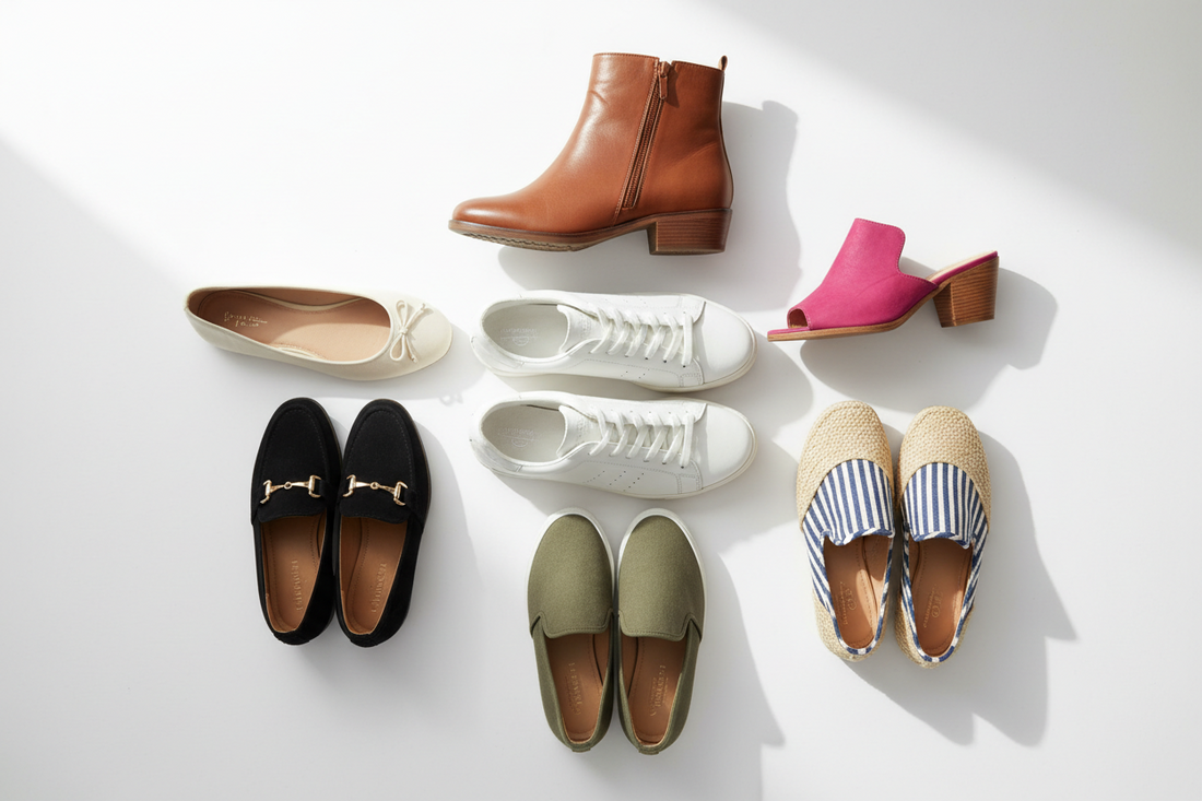 Top casual shoes for women including ankle boots, white sneakers, ballet flats, loafers, and slip-on shoes for everyday fashion.
