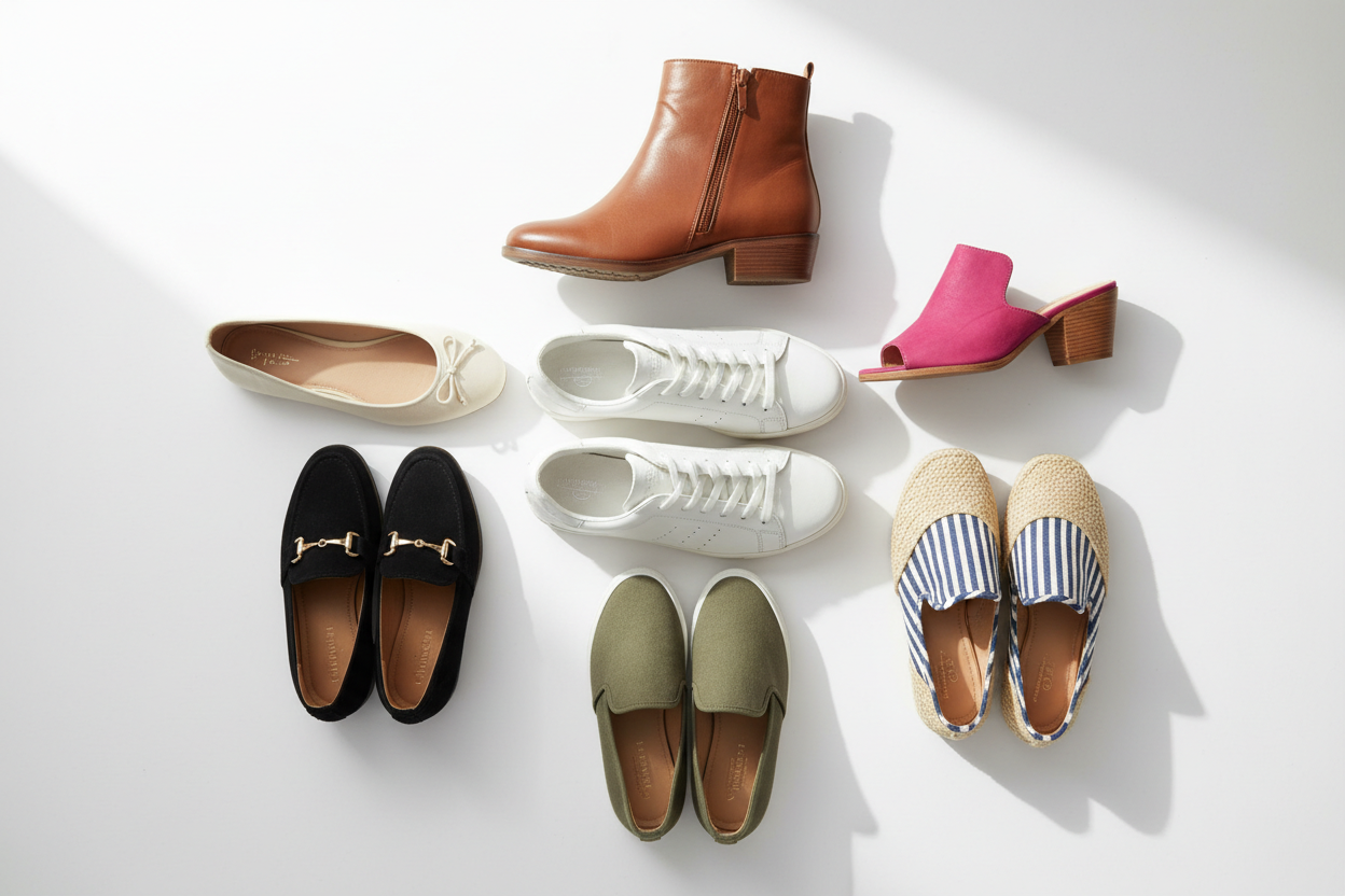 Top casual shoes for women including ankle boots, white sneakers, ballet flats, loafers, and slip-on shoes for everyday fashion.