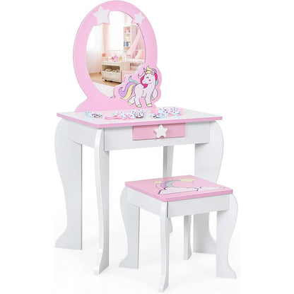 Tocador Infantil Con Taburete Y Espejo Mesa De Maquillaje Costway 49 X 34 X 90 Cm