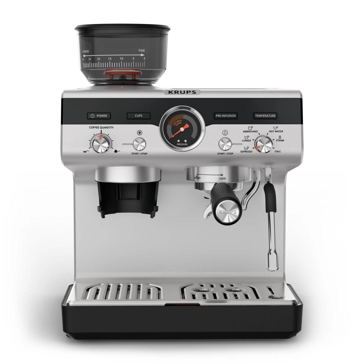Krups Virtuoso Essential - Cafetera espresso 15 bar, acero inox negro, diseño compacto y elegante, parada automática, espresso y cappuccino, Thermoblock, boquilla de vapor, incluye cuchara, XP4418