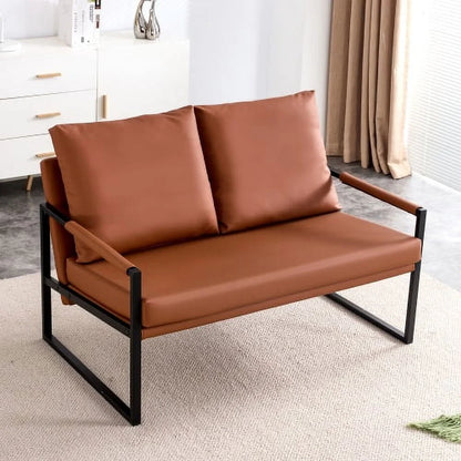 Sofá moderno de 2 plazas con 2 cojines – cuero PU, espuma de alta densidad, estructura metálica negra revestida, color marrón