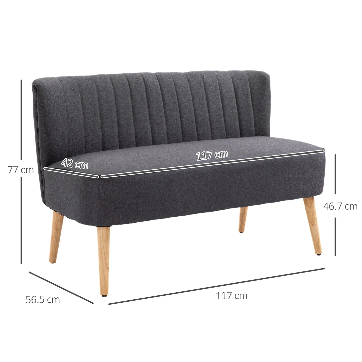 Sofá moderno de lino para 2 plazas, sofá compacto con acolchado y patas de madera, gris