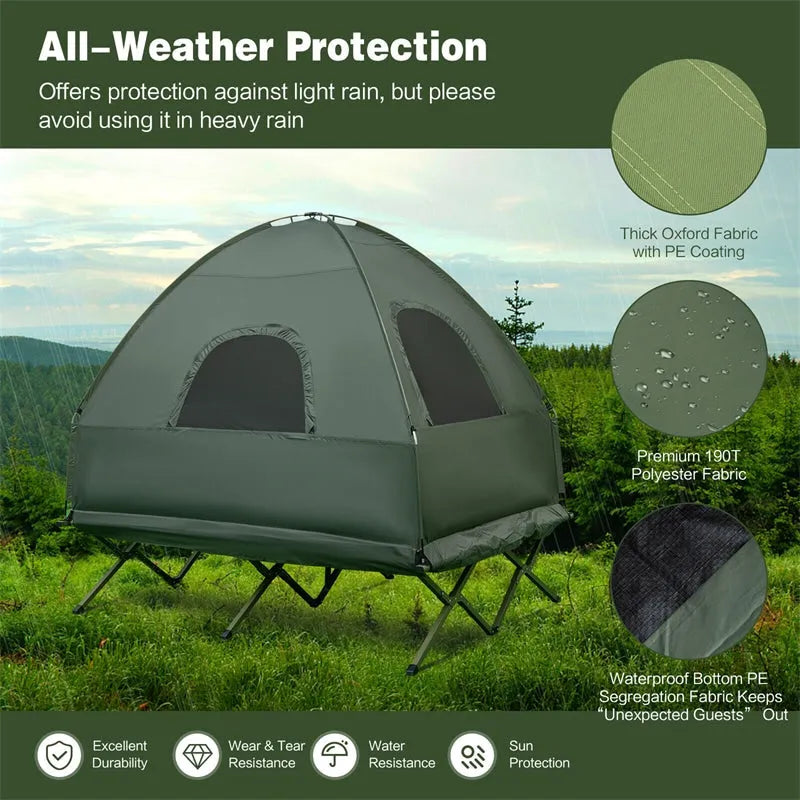 Tienda de Campaña 5 en 1 para 2 Personas con Cama Plegable, Colchón Inflable, Saco de Dormir y Parasol UV