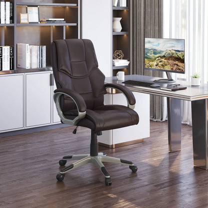 Silla de Oficina con Respaldo Alto, Sillón Giratorio de Cuero Sintético con Altura Ajustable, Marrón