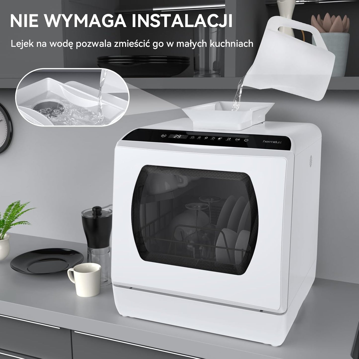 Mini zmywarka stołowa, do użytku z i bez podłączenia do wody, szerokość 43 cm, miejsce na 4 sztućce, do użytku na kempingu, 175 kWh/rok, biały