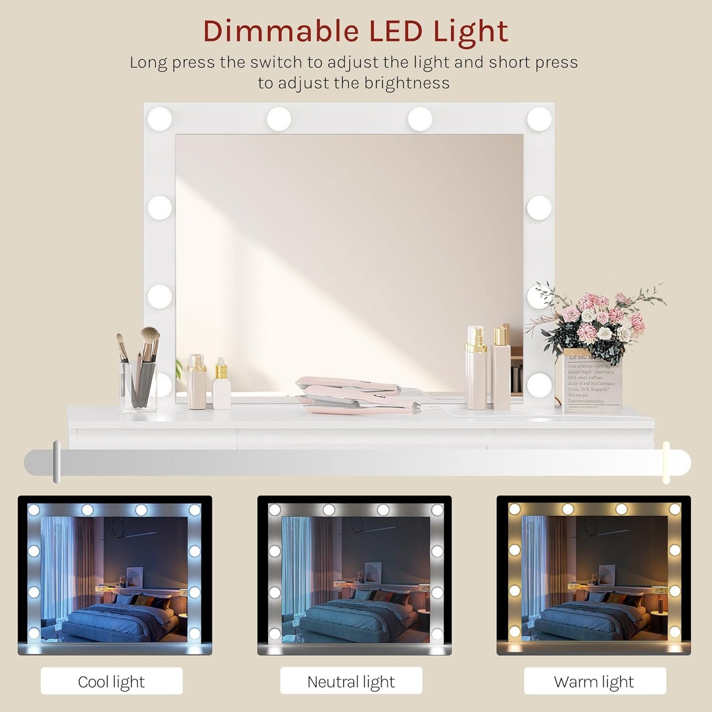 WOLTU MB6124ws Toaletka z oświetleniem i wieloma gniazdkami, toaletka z dużym lustrem LED i 7 szufladami, biurko do makijażu, 110 x 39,5 x 140,5 cm, biała nowoczesna komoda do sypialni