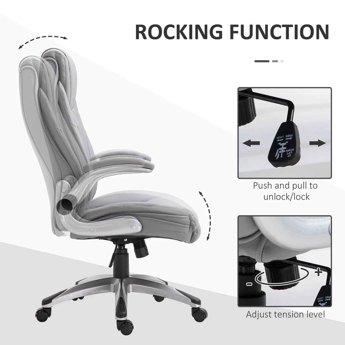 2025 Silla de Oficina de Cuero PU con Reposabrazos Abatibles, Altura Ajustable y Ruedas Giratorias, Gris