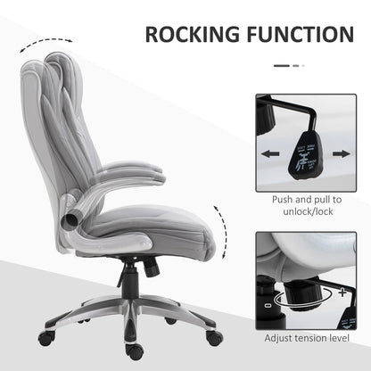 2025 Silla de Oficina de Cuero PU con Reposabrazos Abatibles, Altura Ajustable y Ruedas Giratorias, Gris
