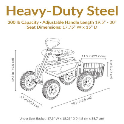 2025 Carrito de Jardín Rodante Sunnydaze con Asiento Giratorio, Manillar y Cesta