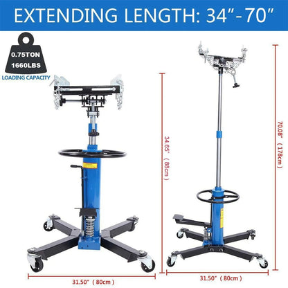Gato hidráulico vertical para transmisión de vehículos, capacidad de 0,75 toneladas (1660 lb), altura de elevación de 84 a 178 cm, ruedas giratorias de 360° y pedal, color azul
