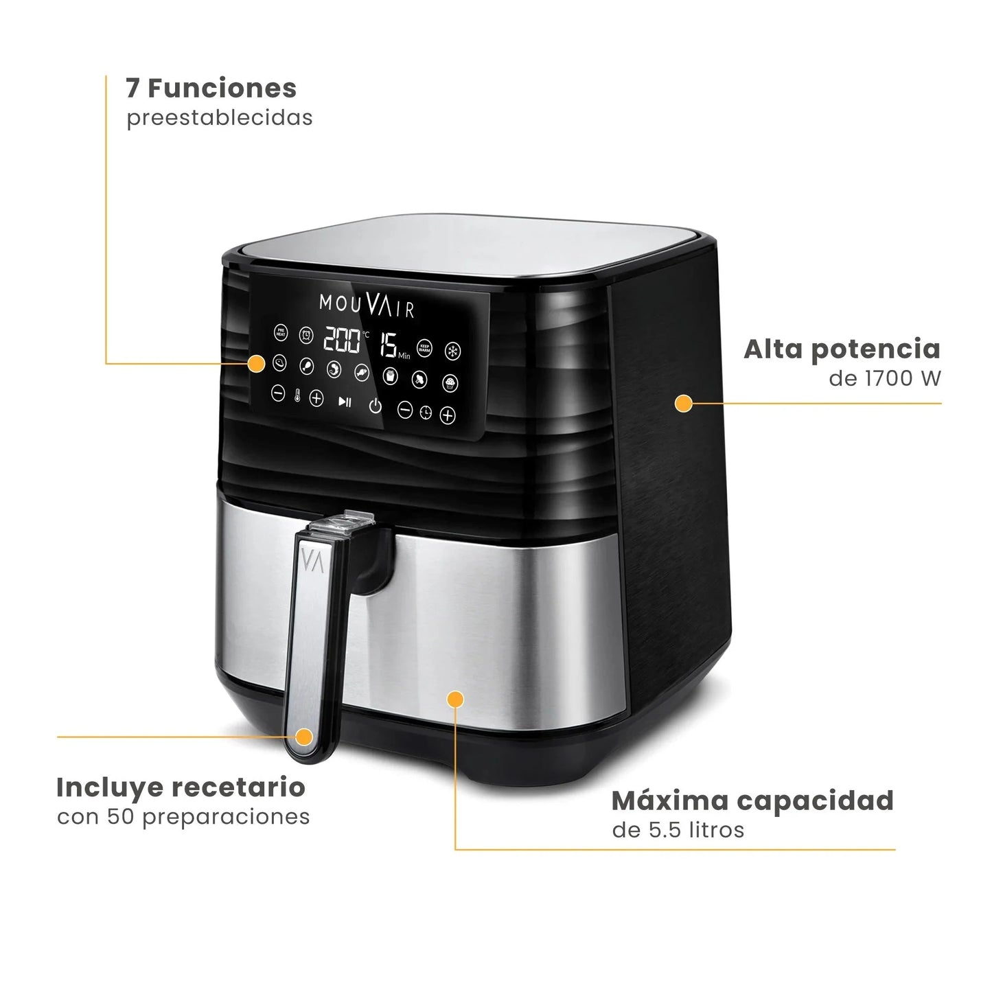 2025 Freidora De Aire Gourmet 5.5 Lts + Recetario Mouvair