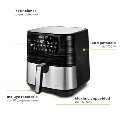 2025 Freidora De Aire Gourmet 5.5 Lts + Recetario Mouvair