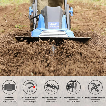 2025 Motocultor eléctrico BILT HARD de 16 pulgadas, 13,5 A, 6 dientes de acero, con ruedas ajustables.