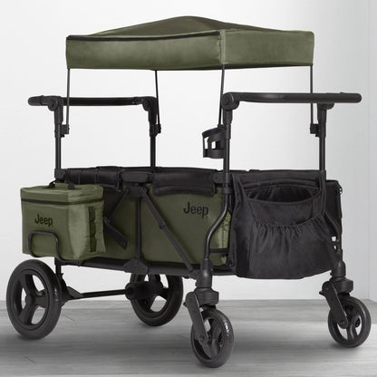 Carrito-Paseador Jeep Wrangler Deluxe – 2 Asientos con Arnés de 5 Puntos, Bolsa Térmica, Capota Anti-UV, Amplio Almacenamiento, Ruedas Todo Terreno Antipinchazos, Manillares Ajustables
