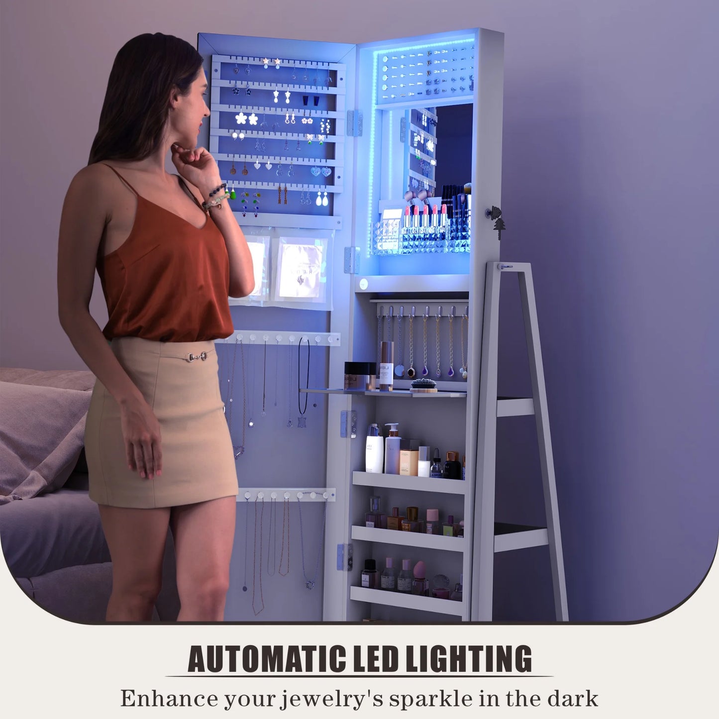 Joyero FREDEES con espejo e iluminación: organizador de madera con espejo de cuerpo entero para mujer, color gris elegante.