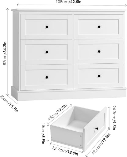 FOREHILL Komoda do sypialni biała szafka do przechowywania z 6 szufladami biała komoda szuflady do salonu przedpokoju 108 x 40 x 87 cm