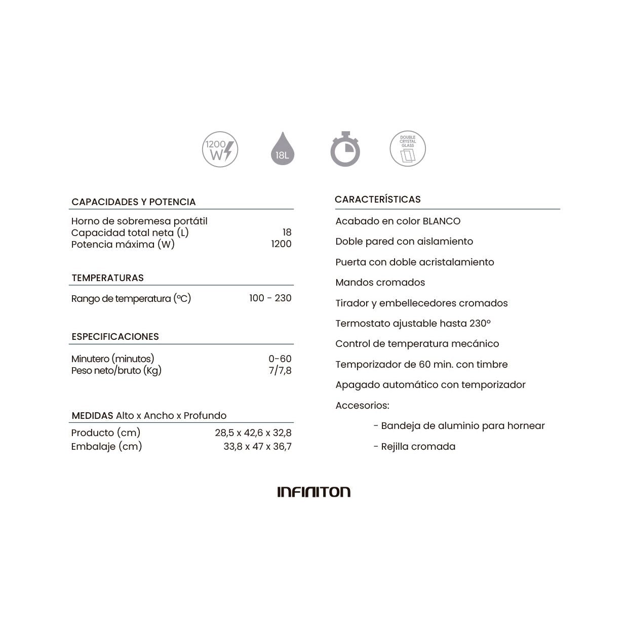 Infiniton Hsm-a18b – Horno Sobremesa, Blanco, 18l, 1200w, Doble Acristalamiento, Control De Temperatura, Temporizador 60 Min.