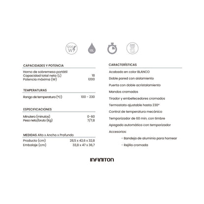 Infiniton Hsm-a18b – Horno Sobremesa, Blanco, 18l, 1200w, Doble Acristalamiento, Control De Temperatura, Temporizador 60 Min.
