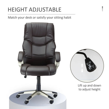 Silla de Oficina con Respaldo Alto, Sillón Giratorio de Cuero Sintético con Altura Ajustable, Marrón