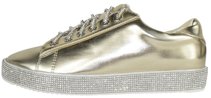 La Sheelah SCOUT-24 Gold Metallic Women’s Sneakers Rhinestone Bling Lace-Up Fashion Flats