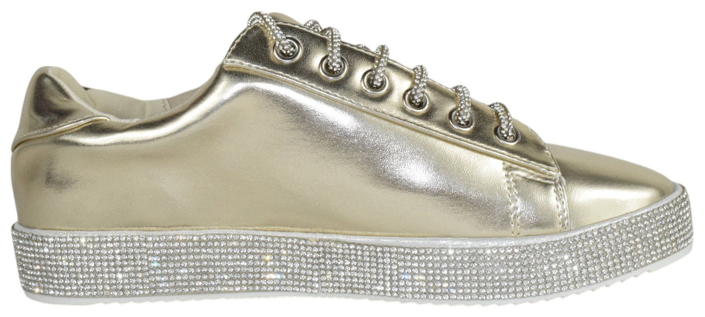 La Sheelah SCOUT-24 Gold Metallic Women’s Sneakers Rhinestone Bling Lace-Up Fashion Flats