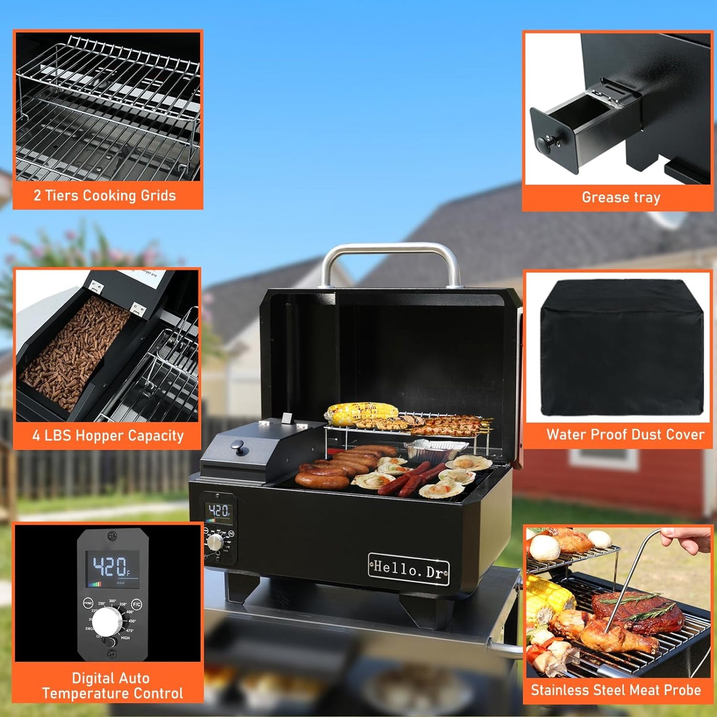 Parrilla y ahumador portátil de pellets de madera, parrilla eléctrica 8 en 1 para RV, picnics y cocina al aire libre, con control de temperatura inteligente y tecnología de vapor sobrecalentado.
