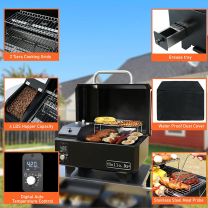 Parrilla y ahumador portátil de pellets de madera, parrilla eléctrica 8 en 1 para RV, picnics y cocina al aire libre, con control de temperatura inteligente y tecnología de vapor sobrecalentado.