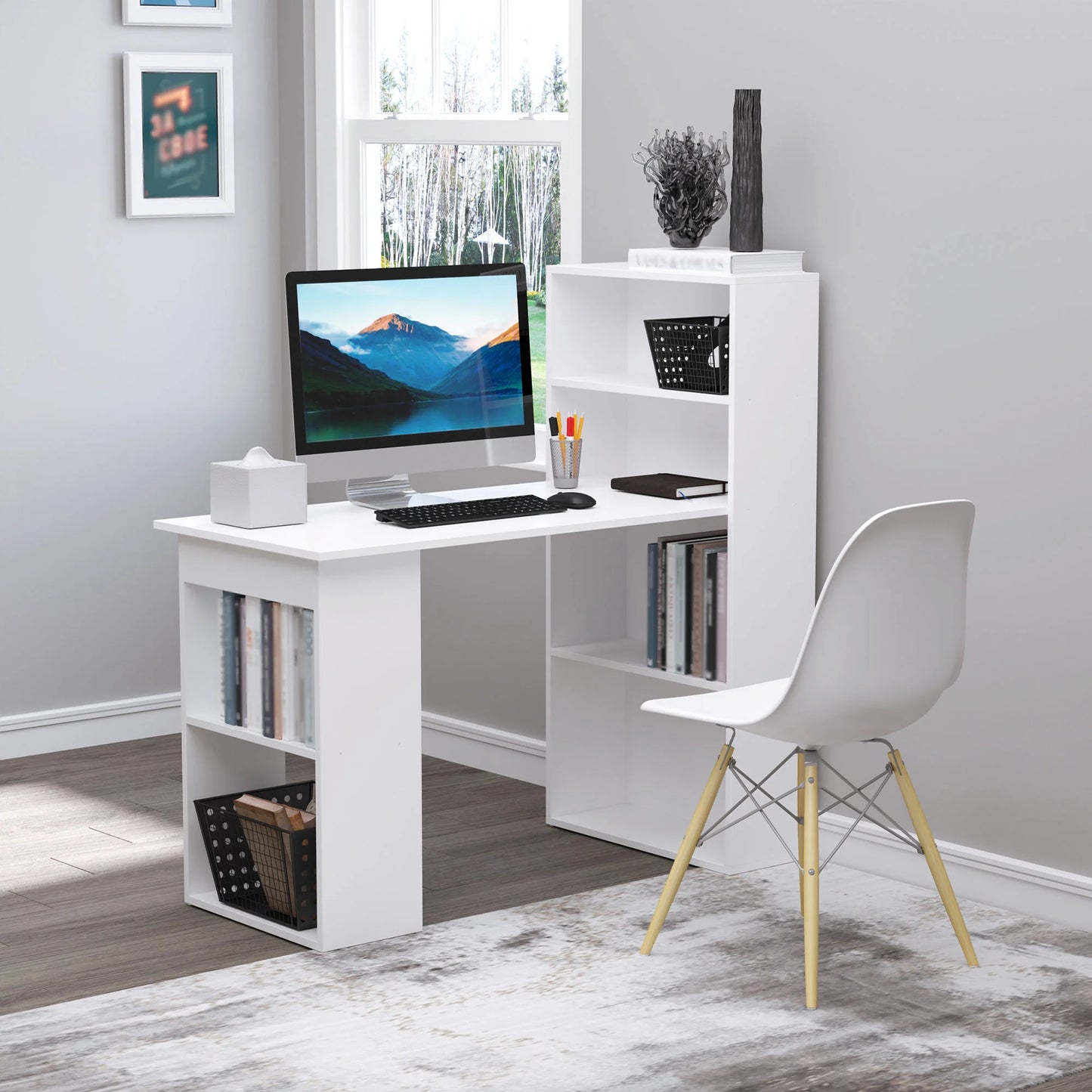 Escritorio de Ordenador Moderno de 120 cm con Estantería, Mesa de Estudio y Estación de Trabajo con 6 Estantes, Blanco