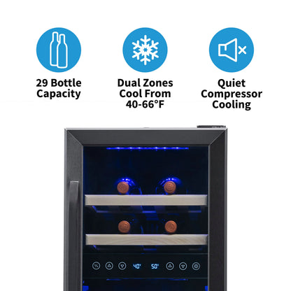 2025 Newair® Refrigerador de Vinos Empotrable Negro – 29 Botellas – 14,8" Doble Zona