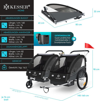 KESSER® Przyczepka rowerowa dla dzieci Sport-RX 2w1 z funkcją jazdy Przyczepka rowerowa dla dzieci + 5-punktowy pas bezpieczeństwa 360°