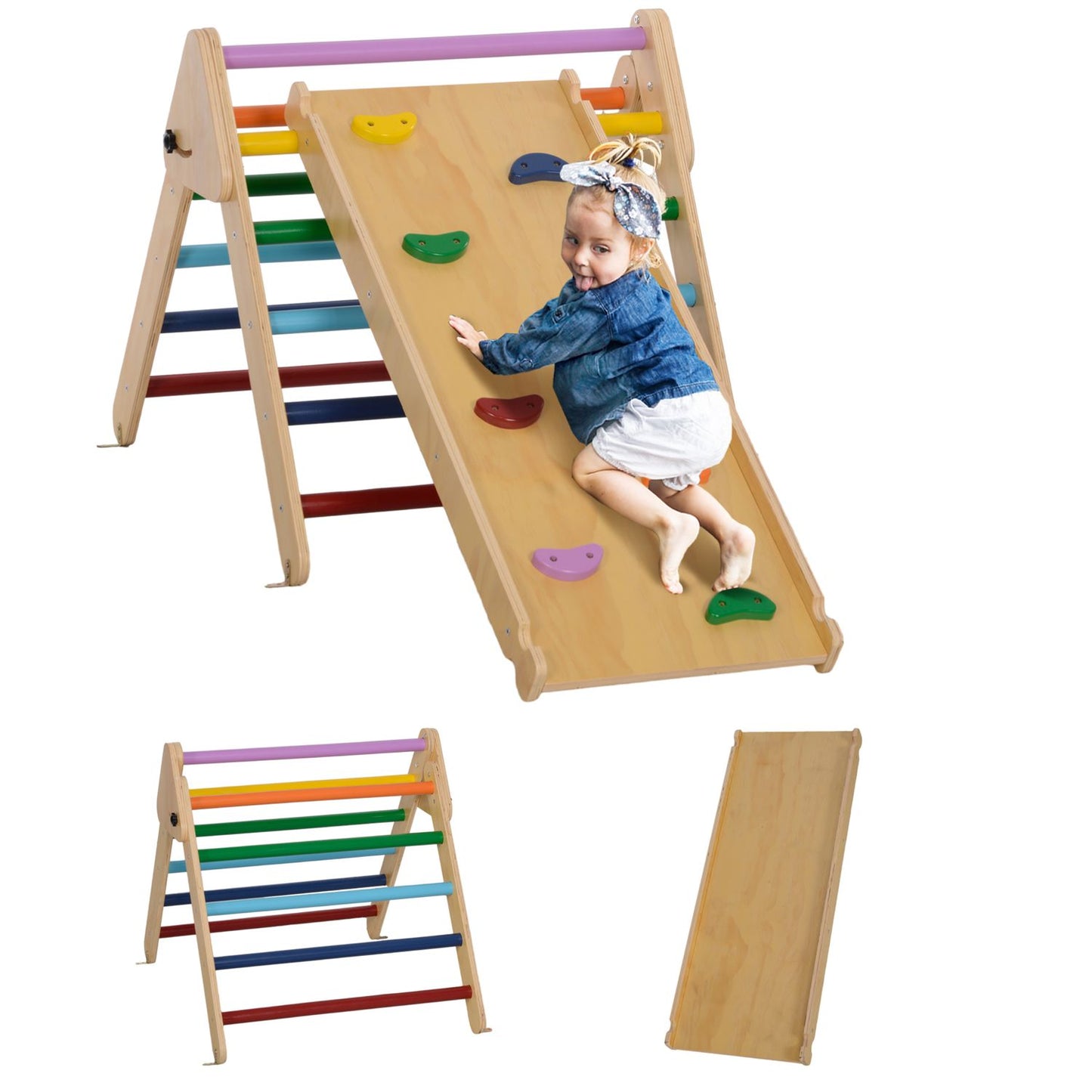 Triángulo De Escalada De Madera 3 En 1 Con Rampa Multicolor Aiyaplay