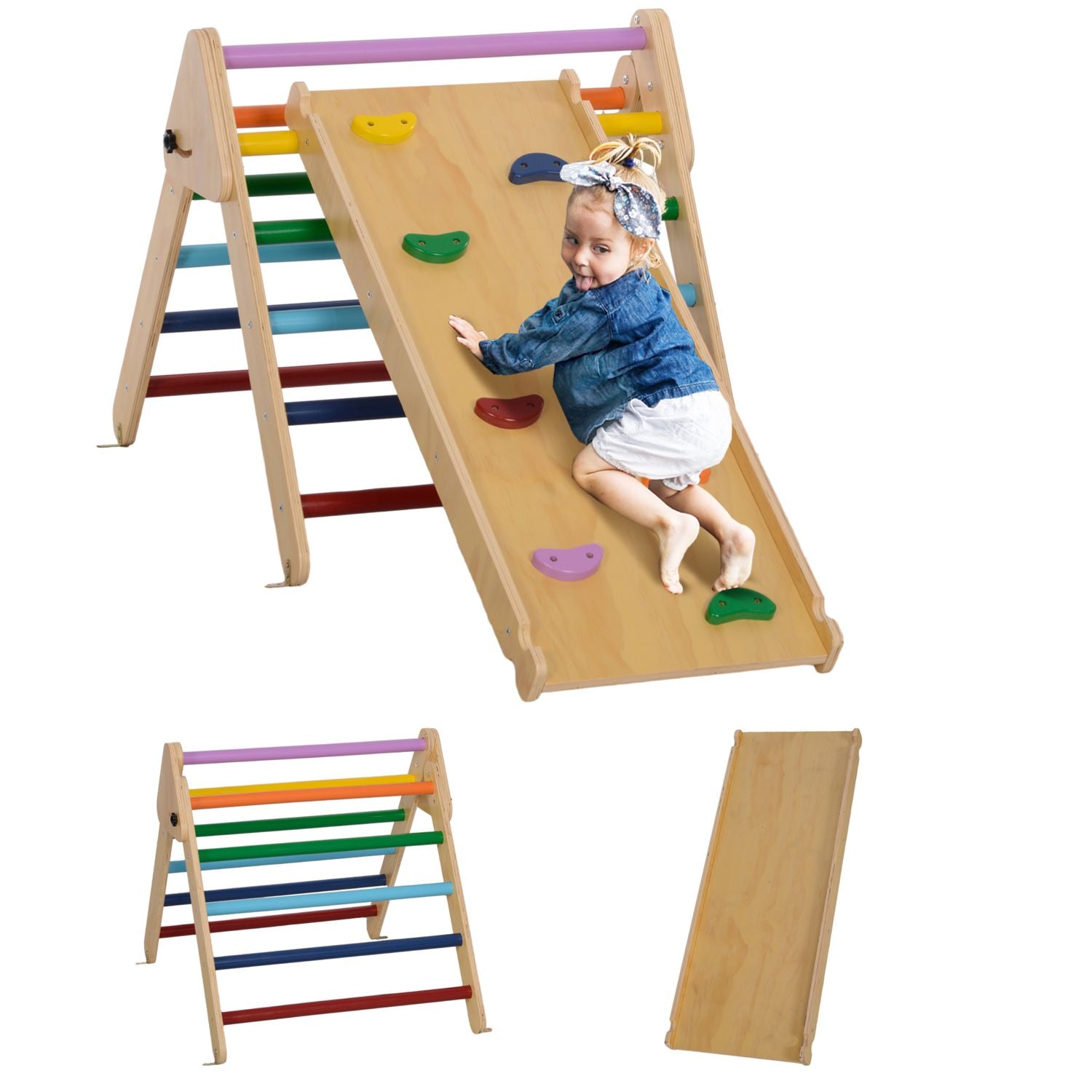 Triángulo De Escalada De Madera 3 En 1 Con Rampa Multicolor Aiyaplay