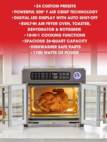 2025 Horno tostador de convección y freidora de aire extra grande de 26 QT Emeril Lagasse con puertas francesas, acero inoxidable