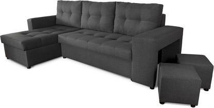 NAWSTOL - Sofa narożna Leon z funkcją spania i skrzynią na pościel – nowoczesna sofa do salonu – możliwość montażu z lewej lub prawej strony (szara + biała sztuczna skóra)