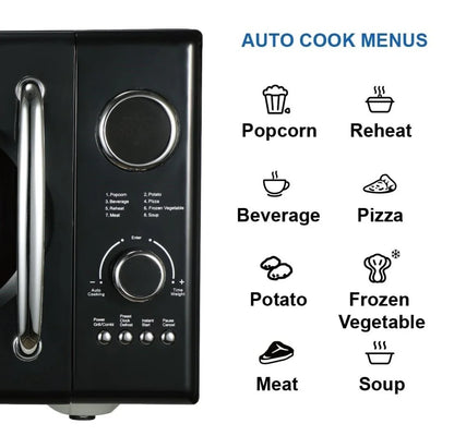 2025 Microondas retro negro Emerson 0,9 pies³ 800 W con función grill, modelo MWRG0901BK.