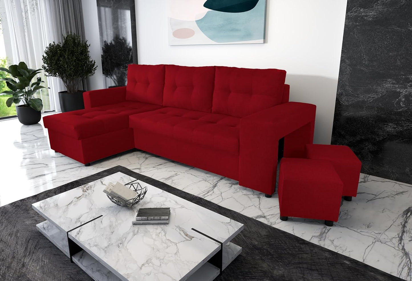 NAWSTOL - Sofa narożna Leon z funkcją spania i skrzynią na pościel – nowoczesna sofa do salonu – możliwość montażu z lewej lub prawej strony (szara + biała sztuczna skóra)