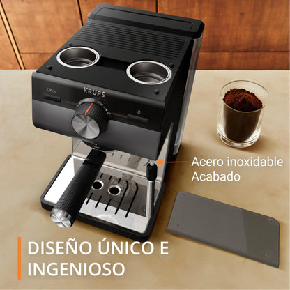 Krups Virtuoso Essential - Cafetera espresso 15 bar, acero inox negro, diseño compacto y elegante, parada automática, espresso y cappuccino, Thermoblock, boquilla de vapor, incluye cuchara, XP4418