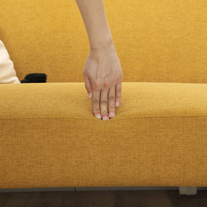 Sofá de 2 plazas en terciopelo, acolchado grueso de 21 cm y patas de madera, color amarillo