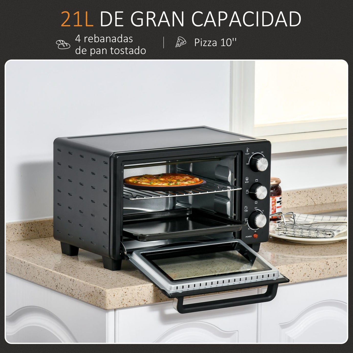 Horno Eléctrico De Sobremesa De Metal Y Vidrio Templado Homcom Negro