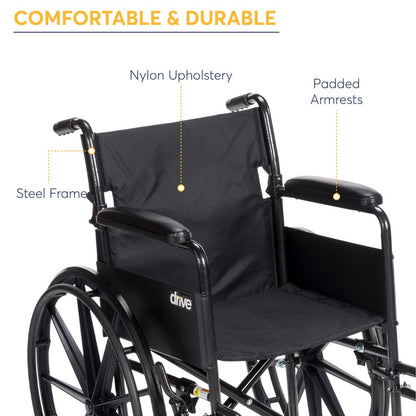 2025 Silla de ruedas Drive Medical Silver Sport 1 con reposabrazos completos y reposapiés removibles y abatibles