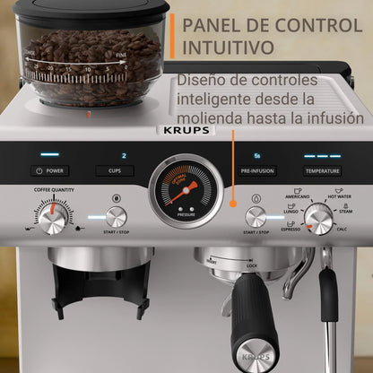 Krups Virtuoso Essential - Cafetera espresso 15 bar, acero inox negro, diseño compacto y elegante, parada automática, espresso y cappuccino, Thermoblock, boquilla de vapor, incluye cuchara, XP4418