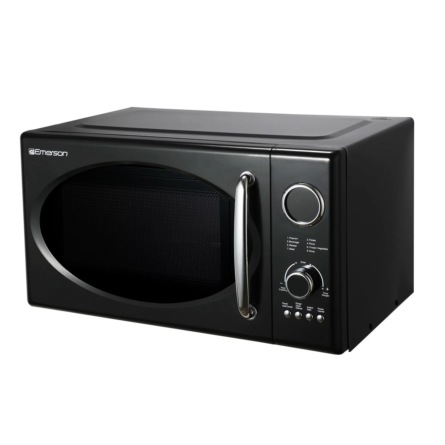 2025 Microondas retro negro Emerson 0,9 pies³ 800 W con función grill, modelo MWRG0901BK.