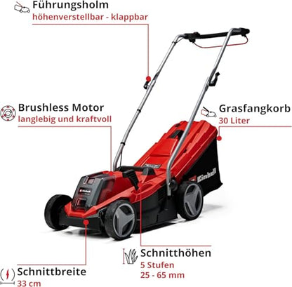 2025 Cortacésped a batería Einhell GE-CM 18/33 Li-Solo Power X-Change (18 V, ancho de corte 33 cm, hasta 200 m², motor brushless, bolsa de recogida 30 L, altura de corte 25-65 mm, sin batería)