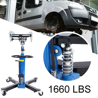 Gato hidráulico vertical para transmisión de vehículos, capacidad de 0,75 toneladas (1660 lb), altura de elevación de 84 a 178 cm, ruedas giratorias de 360° y pedal, color azul