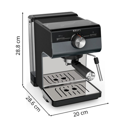 Krups Virtuoso Essential - Cafetera espresso 15 bar, acero inox negro, diseño compacto y elegante, parada automática, espresso y cappuccino, Thermoblock, boquilla de vapor, incluye cuchara, XP4418